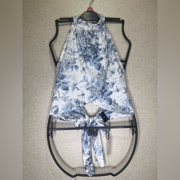 Cider White and Blue Floral Top with Bow - Picture 1 of 5